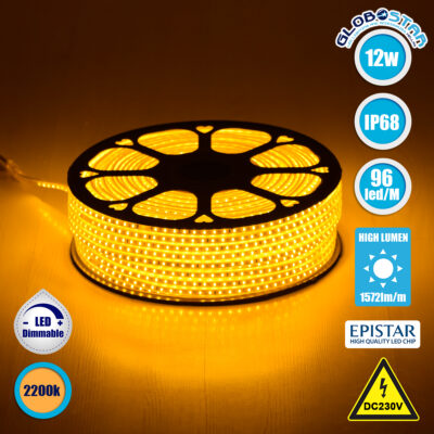LEDTM® EPISLIM 70503 Ταινία LED 12W/m 1020lm/m 120° DC 220-240V Αδιάβροχη IP65 96 x SMD2835 Chip/m Ultra Θερμό Λευκό 2200K Dimmable - Epistar SMD Chip - Μ100 x Π1 x Υ0.5cm - 3 Χρόνια Εγγύηση