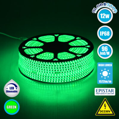 LEDTM® EPISLIM 70505 Ταινία LED 12W/m 780lm/m 120° DC 220-240V Αδιάβροχη IP65 96 x SMD2835 Chip/m Πράσινο Dimmable - Epistar SMD Chip - Μ100 x Π1 x Υ0.5cm - 3 Χρόνια Εγγύηση