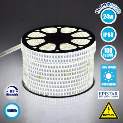LEDTM® EPIWIDE 70510 Ταινία LED 24W/m 2400lm/m 120° DC 220-240V Αδιάβροχη IP65 180 x SMD2835 Chip/m Ψυχρό Λευκό 6000K Dimmable - Epistar SMD Chip - M100 x Π1.6 x Υ0.7cm - 3 Χρόνια Εγγύηση