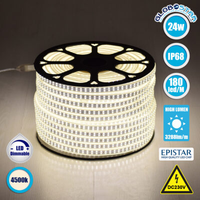 LEDTM® EPIWIDE 70511 Ταινία LED 24W/m 2280lm/m 120° DC 220-240V Αδιάβροχη IP65 180 x SMD2835 Chip/m Φυσικό Λευκό 4500K Dimmable - Epistar SMD Chip - M100 x Π1.6 x Υ0.7cm - 3 Χρόνια Εγγύηση