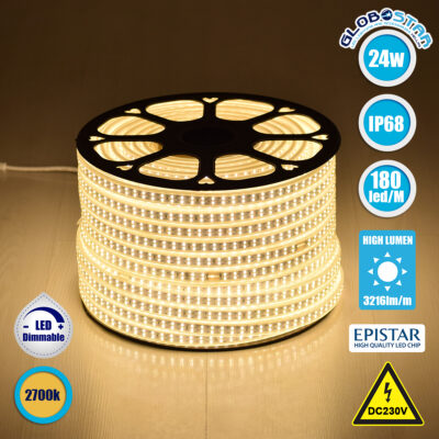 LEDTM® EPIWIDE 70512 Ταινία LED 24W/m 2160lm/m 120° DC 220-240V Αδιάβροχη IP65 180 x SMD2835 Chip/m Θερμό Λευκό 2700K Dimmable - Epistar SMD Chip - M100 x Π1.6 x Υ0.7cm - 3 Χρόνια Εγγύηση