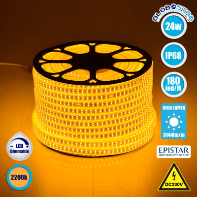 LEDTM® EPIWIDE 70513 Ταινία LED 24W/m 2040lm/m 120° DC 220-240V Αδιάβροχη IP65 180 x SMD2835 Chip/m Ultra Θερμό Λευκό 2200K Dimmable - Epistar SMD Chip - M100 x Π1.6 x Υ0.7cm - 3 Χρόνια Εγγύηση