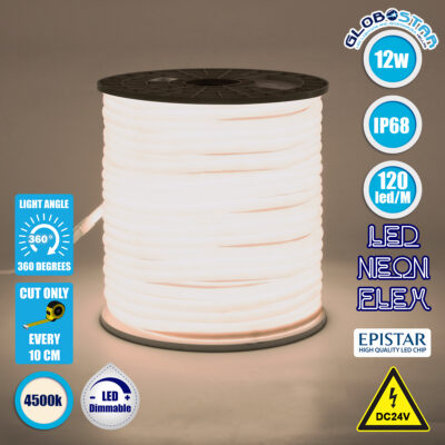 LEDTM® NEOTUBE 70581 Ταινία Neon Flex LED 12W/m 960lm/m 360° DC 24V Αδιάβροχο IP65 120 x SMD2835 Chip/m Φυσικό Λευκό 4500K Dimmable - Sanan SMD Chip - Μ100 x Π1.3 x Υ1.3cm - 3 Χρόνια Εγγύηση