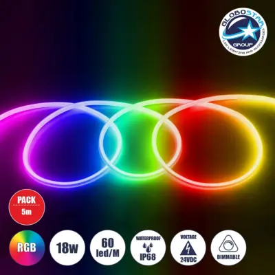 LEDTM® NEOTUBE 70588 Ταινία Neon Flex LED 18W/m 900lm/m 360° DC 24V Αδιάβροχο IP65 60 x SMD5050 Chip/m Πολύχρωμο RGB Dimmable - Sanan SMD Chip - Μ500 x Π2.1 x Υ2.1cm - Ρολό 5 Μέτρων - 3 Χρόνια Εγγύηση