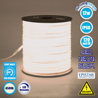 LEDTM® NEOTUBE 70591 Ταινία Neon Flex LED 12W/m 960lm/m 360° DC 220-240V Αδιάβροχο IP65 120 x SMD2835 Chip/m Φυσικό Λευκό 4500K Dimmable - Sanan SMD Chip - Μ100 x Π1.3 x Υ1.3cm - 3 Χρόνια Εγγύηση