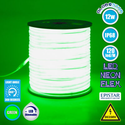LEDTM® NEOTUBE 70594 Ταινία Neon Flex LED 12W/m 600lm/m 360° DC 220-240V Αδιάβροχο IP65 120 x SMD2835 Chip/m Πράσινο Dimmable - Sanan SMD Chip - Μ100 x Π1.3 x Υ1.3cm - 3 Χρόνια Εγγύηση