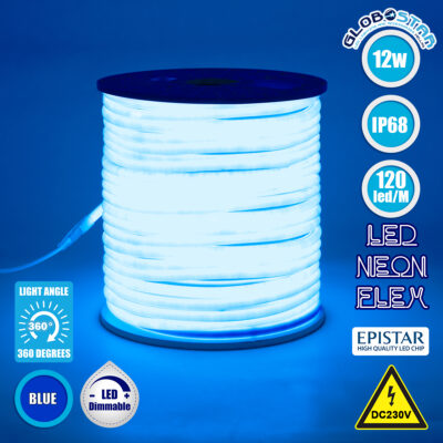 LEDTM® NEOTUBE 70595 Ταινία Neon Flex LED 12W/m 600lm/m 360° DC 220-240V Αδιάβροχο IP65 120 x SMD2835 Chip/m Μπλε Dimmable - Sanan SMD Chip - Μ100 x Π1.3 x Υ1.3cm - 3 Χρόνια Εγγύηση