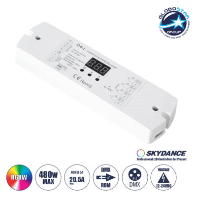 LEDTM® 70668 D4-L SKYDANCE DC DMX & RDM Dimmer High Speed Controller / Decoder 4 Καναλιών DC 12-24V 4 x 5A 120W - Max 20.5A 480W - IP20 Μ17 x Π5 x Υ2.5cm - 5 Years Warranty