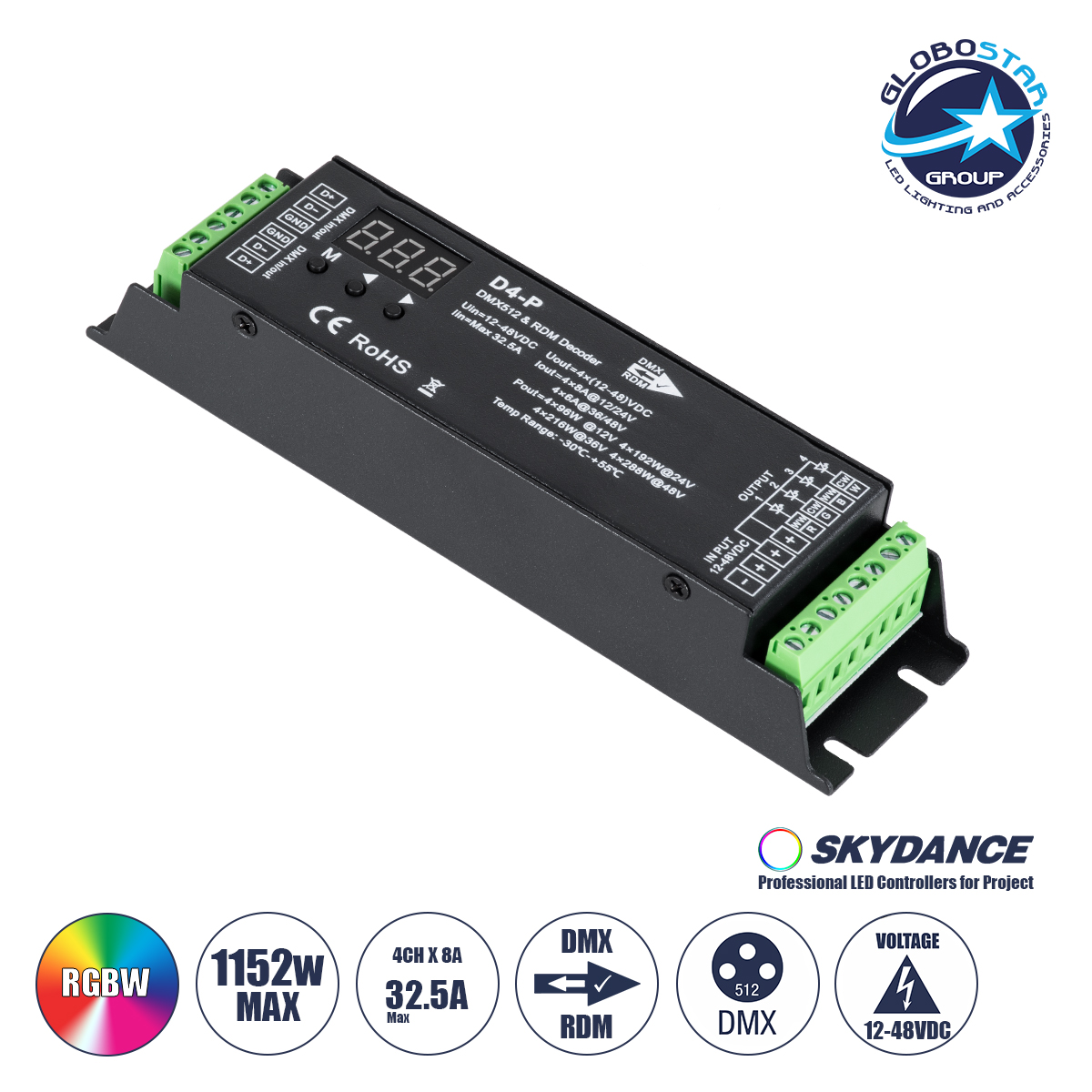 LEDTM® SKYDANCE-D4-P 70669 DC DMX Master Dimmer / Controller / Decoder Υψηλής Ταχύτητας με 4 x 8A 384W Κανάλια 12-48V 32.5A 1152W Max IP20 - DMX512 & RDM - Μ17.5 x Π4.5 x Υ2.8cm - 5 Χρόνια Εγγύηση