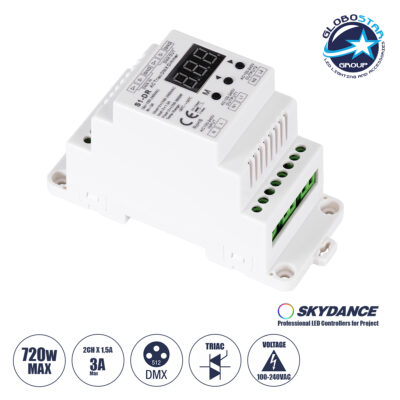 LEDTM® SKYDANCE-S1-DR 70670 AC Trailing Edge DMX Dimmer Ράγας με 2 x 1.5A 360W Κανάλια AC 220-240V 3A 720W Max IP20 - DMX512 & RDM - Μ11.5 x Π5 x Υ6.5cm - 5 Χρόνια Εγγύηση