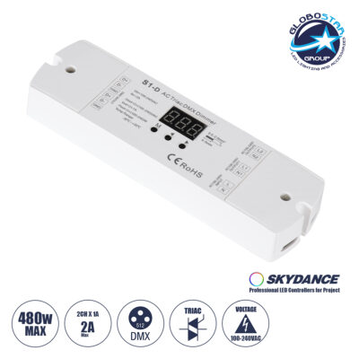 LEDTM® SKYDANCE-S1-D 70671 AC Trailing Edge DMX Dimmer με 2 x 1A 240W Κανάλια AC 220-240V 2A 480W Max IP20 - DMX512 & RDM - Μ16.7 x Π5 x Υ2.4cm - 5 Χρόνια Εγγύηση