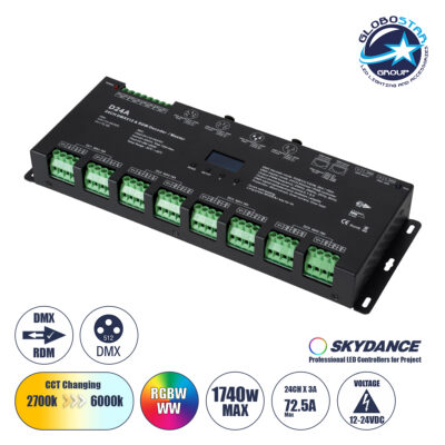 LEDTM® SKYDANCE-D24A 70673 DC DMX Master Dimmer / Controller / Decoder Υψηλής Ταχύτητας με 24 x 3A 72W Κανάλια DC 12-24V 72.5A 1740W Max IP20 - DMX512 & RDM - Μ16.7 x Π5 x Υ2.4cm - 5 Χρόνια Εγγύηση