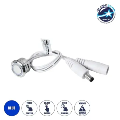 LEDTM® BUTTON 70793 Φωτιζόμενος Χωνευτός Διακόπτης Αφής On/Off & Push Dimming LED DC 12-24V 1 x 4A 96W Max IP20 Μπλε - Μ2 x Π2 x Υ1.2cm - 2 Χρόνια Εγγύηση