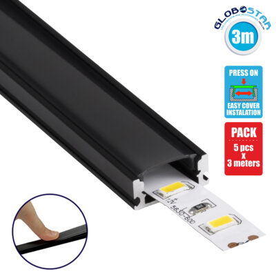 LEDTM® ALP-LINEAR SURFABO 70806-3M Επιφανειακό Προφίλ Αλουμινίου με Μαύρο Φιμέ Πατητό Κάλυμμα για Ταινίες LED IP20 - Μαύρο & Λευκό - Μ300 x Π1.6 x Υ0.7cm - Πακέτο 5 Τεμαχίων