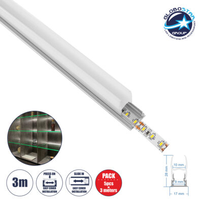LEDTM® GLASSBOARD-PROFILE 70812-3M Προφίλ Αλουμινίου - Βάση & Ψύκτρα Ταινίας LED με Λευκό Γαλακτερό Κάλυμμα - Χρήση για Μοριακό Φωτισμό Γυαλιού Πάχους 10mm - Πατητό Κάλυμμα - Ασημί - 3 Μέτρα - Πακέτο 5 Τεμαχίων - Μ300 x Π1.7 x Υ3cm