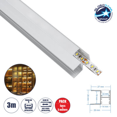 LEDTM® ALP-R-SHELF DODA 70814-3M Χωνευτό Προφίλ Αλουμινίου Ειδικό για Φωτισμό Ραφιού 18mm με Λευκό Γαλακτερό Πατητό Κάλυμμα για Ταινίες LED IP20 - Ασημί & Λευκό- Μ300 x Π1.5 x Υ2cm - Πακέτο 5 Τεμαχίων