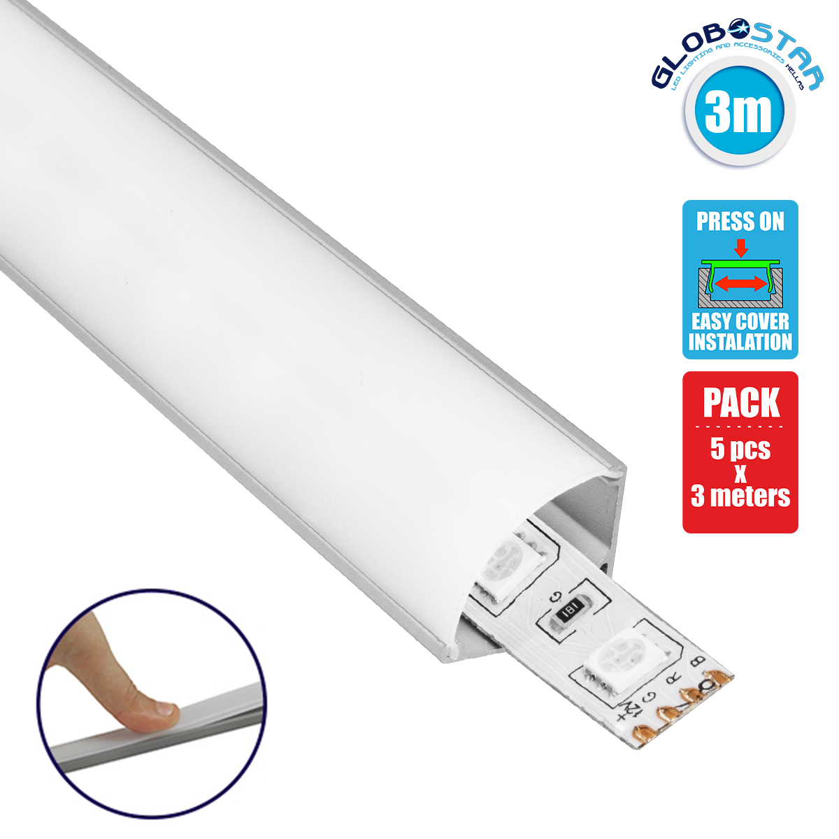 LEDTM® ALP-CORNER LINEO 70815-3M Επιφανειακό Γωνιακό Προφίλ Αλουμινίου με Λευκό Γαλακτερό Πατητό Κάλυμμα για Ταινίες LED IP20 - Ασημί & Λευκό - Μ300 x Π1.6 x Υ1.6cm - Πακέτο 5 Τεμαχίων