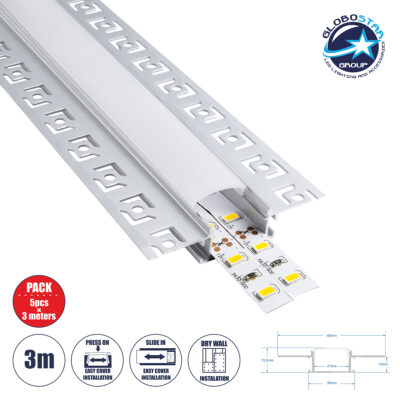 LEDTM® ALP-PLASTERIN GYPSO 70819-3M Χωνευτό Προφίλ Αλουμινίου Ειδικό για Γυψοσανίδα με Λευκό Γαλακτερό Πατητό Κάλυμμα για Ταινίες LED IP20 - Ασημί & Λευκό - Μ300 x Π6.7 x Υ1.4cm - Πακέτο 5 Τεμαχίων