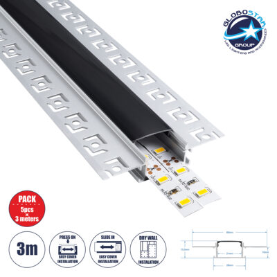 LEDTM® PLASTERBOARD-PROFILE 70820-3M Προφίλ Αλουμινίου - Βάση & Ψύκτρα Ταινίας LED με Μαύρο Φιμέ Κάλυμμα - Χωνευτή Χρήση σε Γυψοσανίδα - Trimless - Πατητό Κάλυμμα - Ασημί - 3 Μέτρα - Πακέτο 5 Τεμαχίων - Μ300 x Π6.7 x Υ1.4cm