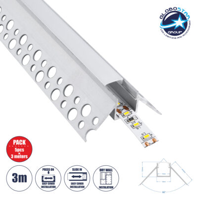 LEDTM® ALP-PLASTERIN GYPSO 70821-3M Χωνευτό Προφίλ Αλουμινίου Ειδικό για  Εξωτερική Γωνία Γυψοσανίδας με Λευκό Γαλακτερό Πατητό Κάλυμμα για Ταινίες LED IP20 - Ασημί & Λευκό - Μ300 x Π4.5 x Υ2cm - Πακέτο 5 Τεμαχίων