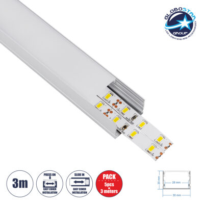 LEDTM® SURFACE-PROFILE 70824-3M Προφίλ Αλουμινίου - Βάση & Ψύκτρα Ταινίας LED με Λευκό Γαλακτερό Κάλυμμα - Επιφανειακή Χρήση - Πατητό Κάλυμμα - Ασημί - 3 Μέτρα - Πακέτο 5 Τεμαχίων - Μ300 x Π3 x Υ2cm
