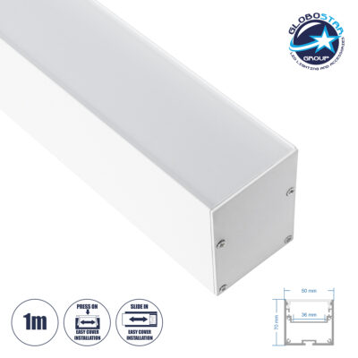 LEDTM® SURFACEPENDANT-PROFILE 70827-1M Προφίλ Αλουμινίου - Βάση & Ψύκτρα Ταινίας LED με Λευκό Γαλακτερό Κάλυμμα - Επιφανειακή & Κρεμαστή Χρήση - Πατητό Κάλυμμα - Λευκό - 1 Μέτρο - Μ100 x Π5 x Υ7cm