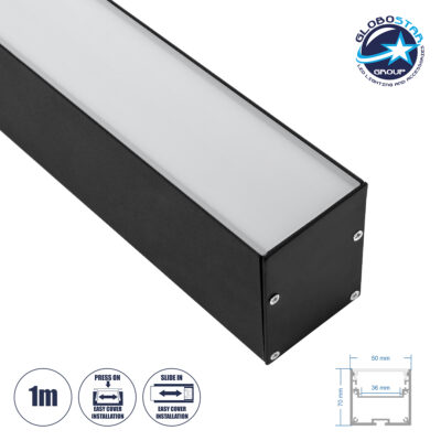 LEDTM® SURFACEPENDANT-PROFILE 70828-1M Προφίλ Αλουμινίου - Βάση & Ψύκτρα Ταινίας LED με Λευκό Γαλακτερό Κάλυμμα - Επιφανειακή & Κρεμαστή Χρήση - Πατητό Κάλυμμα - Μαύρο - 1 Μέτρο - Μ100 x Π5 x Υ7cm