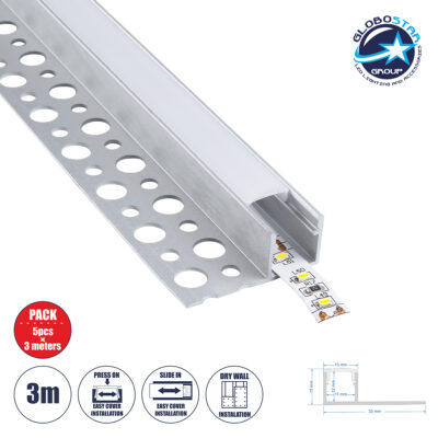 LEDTM® ALP-PLASTERIN GYPSO 70834-3M Χωνευτό Τερματικό Προφίλ Αλουμινίου Ειδικό για Γυψοσανίδα με Λευκό Γαλακτερό Πατητό Κάλυμμα για Ταινίες LED IP20 - Ασημί & Λευκό - Μ300 x Π3.3 x Υ1.5cm - Πακέτο 5 Τεμαχίων