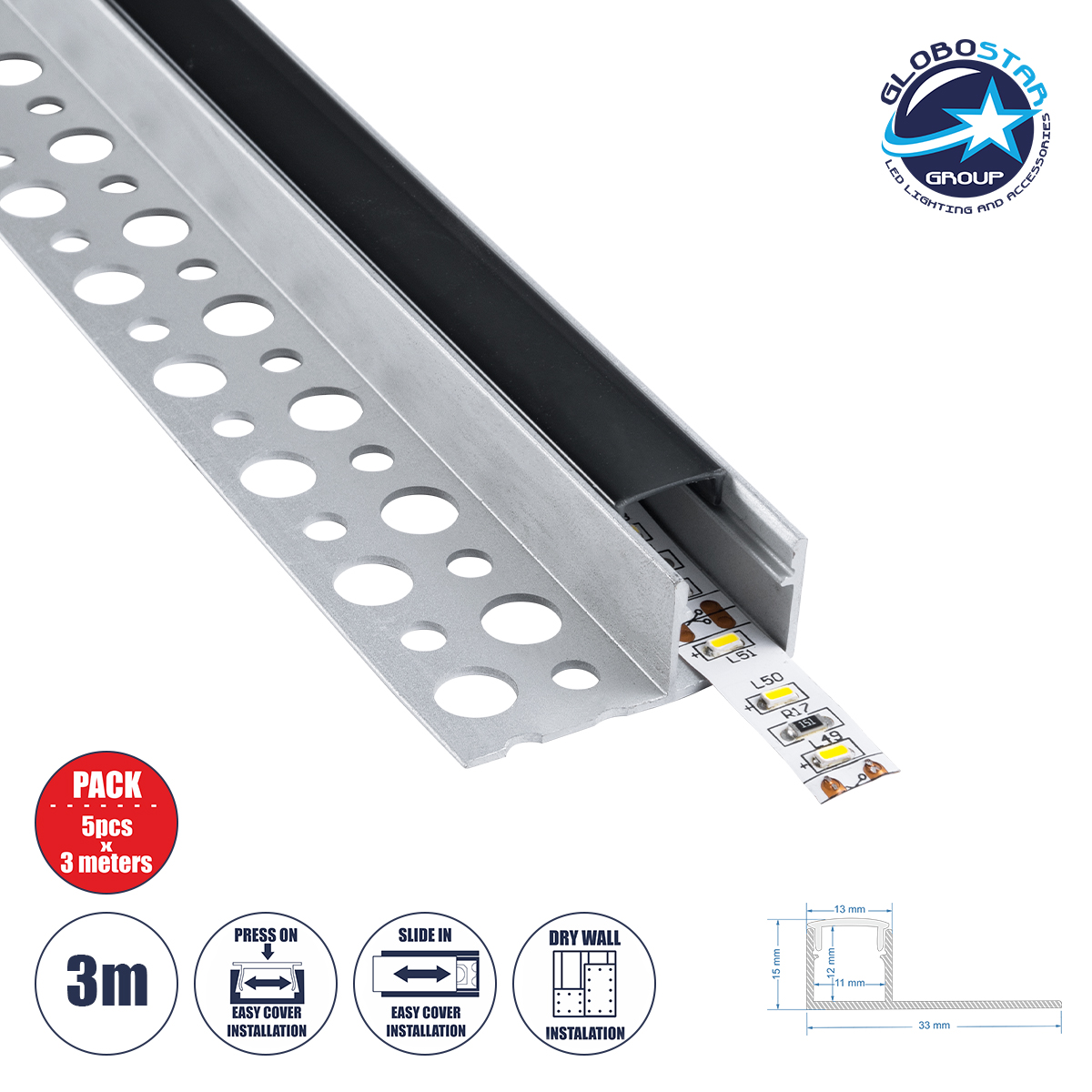 LEDTM® ALP-PLASTERIN GYPSO 70835-3M Χωνευτό Τερματικό Προφίλ Αλουμινίου Ειδικό για Γυψοσανίδα με Μαύρο Φιμέ Πατητό Κάλυμμα για Ταινίες LED IP20 - Ασημί & Μαύρο - Μ300 x Π3.1 x Υ1.3cm - Πακέτο 5 Τεμαχίων