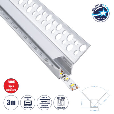 LEDTM® PLASTERBOARD-PROFILE 70836-3M Προφίλ Αλουμινίου - Βάση & Ψύκτρα Ταινίας LED με Λευκό Γαλακτερό Κάλυμμα - Χωνευτή Γωνιακή Χρήση σε Εσωτερική Γωνία Γυψοσανίδας - Trimless - Πατητό Κάλυμμα - Ασημί - 3 Μέτρα - Πακέτο 5 Τεμαχίων - Μ300 x Π3.1 x Υ1.3cm
