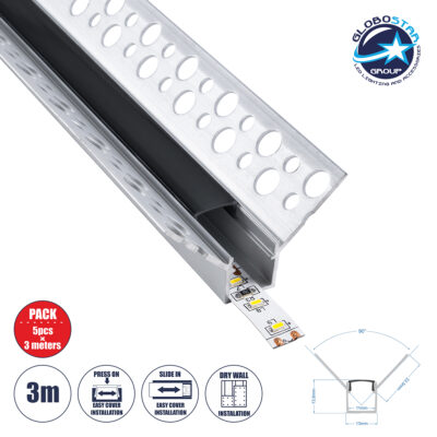 LEDTM® PLASTERBOARD-PROFILE 70837-3M Προφίλ Αλουμινίου - Βάση & Ψύκτρα Ταινίας LED με Μαύρο Φιμέ Κάλυμμα - Χωνευτή Γωνιακή Χρήση σε Εσωτερική Γωνία Γυψοσανίδας - Trimless - Πατητό Κάλυμμα - Ασημί - 3 Μέτρα - Πακέτο 5 Τεμαχίων - Μ300 x Π3.1 x Υ1.3cm