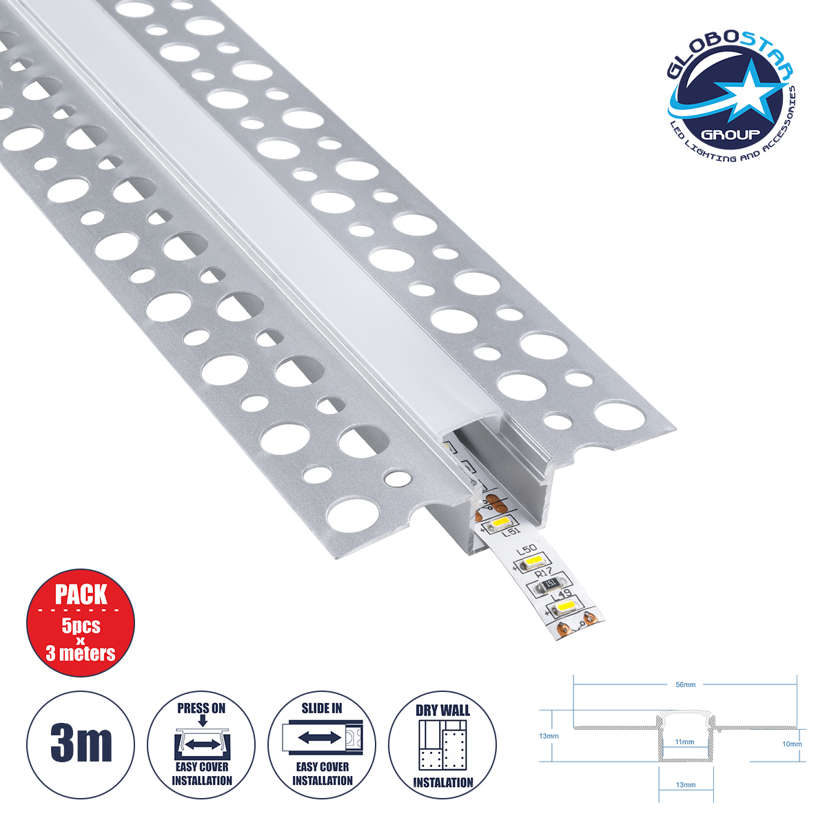 LEDTM® ALP-PLASTERIN GYPSO 70838-3M Χωνευτό Προφίλ Αλουμινίου Ειδικό για Γυψοσανίδα με Λευκό Γαλακτερό Πατητό Κάλυμμα για Ταινίες LED IP20 - Ασημί & Λευκό - Μ300 x Π5.6 x Υ1.5cm - Πακέτο 5 Τεμαχίων