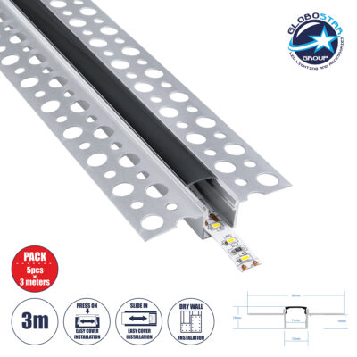 LEDTM® PLASTERBOARD-PROFILE 70839-3M Προφίλ Αλουμινίου - Βάση & Ψύκτρα Ταινίας LED με Μαύρο Φιμέ Κάλυμμα - Χωνευτή Χρήση σε Γυψοσανίδα - Trimless - Πατητό Κάλυμμα - Ασημί - 3 Μέτρα - Πακέτο 5 Τεμαχίων - Μ300 x Π5.6 x Υ1.5cm