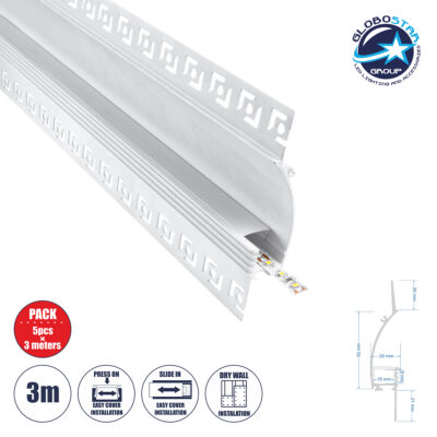 LEDTM® ALP-PLASTERIN GYPSO 70840-3M Χωνευτό Προφίλ Αλουμινίου Ειδικό για Δημιουργία Κρυφού Φωτισμού σε Γυψοσανίδα με Λευκό Γαλακτερό Πατητό Κάλυμμα για Ταινίες LED IP20 - Ασημί & Λευκό - Μ300 x Π9.7 x Υ2cm - Πακέτο 5 Τεμαχίων