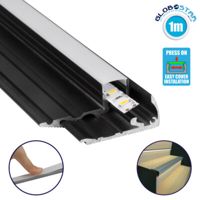 LEDTM® ALP-STEP-GRIP STAIR 70841-1M Επιφανειακό Προφίλ Αλουμινίου Ειδικό για Φωτισμό Σκαλοπατιού με Λευκό Γαλακτερό Πατητό Κάλυμμα για Ταινίες LED IP20 - Μαύρο & Λευκό - Μ100 x Π6 x Υ2.1cm