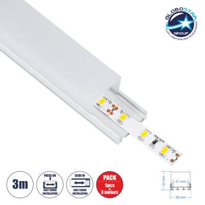 LEDTM® SURFACEPENDANT-PROFILE 70848-3M Προφίλ Αλουμινίου - Βάση & Ψύκτρα Ταινίας LED με Λευκό Γαλακτερό Κάλυμμα - Επιφανειακή & Κρεμαστή Χρήση - Πατητό Κάλυμμα - Λευκό - 3 Μέτρα - Πακέτο 5 Τεμαχίων - Μ300 x Π2.6 x Υ2.3cm