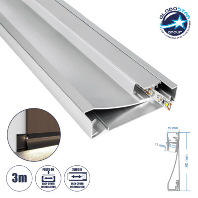 LEDTM® SKIRTINGBOARD-PROFILE 70850-3M Προφίλ Αλουμινίου - Βάση & Ψύκτρα Ταινίας LED με Λευκό Γαλακτερό Κάλυμμα - Επιφανειακή Χρήση για Περβάζι - Πατητό Κάλυμμα - Ασημί - 3 Μέτρα - Μ300 x Π1.6 x Υ8cm