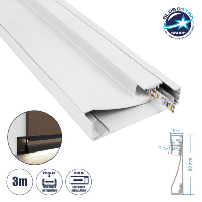 LEDTM® SKIRTINGBOARD-PROFILE 70851-3M Προφίλ Αλουμινίου - Βάση & Ψύκτρα Ταινίας LED με Λευκό Γαλακτερό Κάλυμμα - Επιφανειακή Χρήση για Περβάζι - Πατητό Κάλυμμα - Λευκό - 3 Μέτρα - Μ300 x Π1.6 x Υ8cm