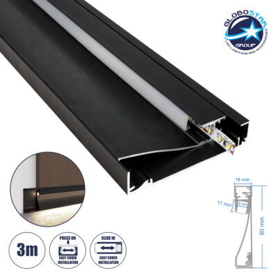 LEDTM® SKIRTINGBOARD-PROFILE 70852-3M Προφίλ Αλουμινίου - Βάση & Ψύκτρα Ταινίας LED με Λευκό Γαλακτερό Κάλυμμα - Επιφανειακή Χρήση για Περβάζι - Πατητό Κάλυμμα - Μαύρο - 3 Μέτρα - Μ300 x Π1.6 x Υ8cm