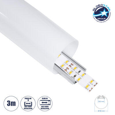 LEDTM® ALP-ROUND TUBIT 70855-3M Επιφανειακό & Κρεμαστό Προφίλ Αλουμινίου με Λευκό Γαλακτερό Πατητό Κάλυμμα για Ταινίες LED IP20 - Ασημί & Λευκό - Μ300 x Π6 x Υ6cm