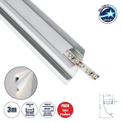 LEDTM® SURFACE-PROFILE 70857-3M Προφίλ Αλουμινίου - Βάση & Ψύκτρα Ταινίας LED με Λευκό Γαλακτερό Κάλυμμα - Επιφανειακή Χρήση Δημιουργίας Κρυφού Φωτισμού - Πατητό Κάλυμμα - Ασημί - 3 Μέτρα - Πακέτο 5 Τεμαχίων - Μ300 x Π1.7 x Υ4.2cm