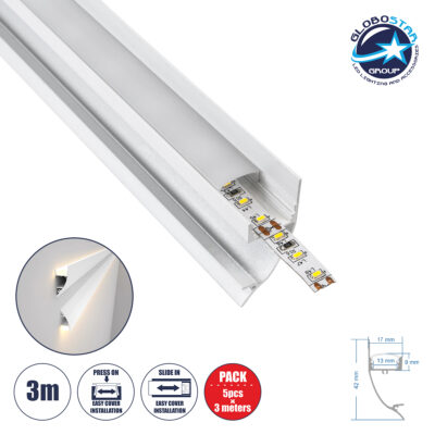 LEDTM® SURFACE-PROFILE 70858-3M Προφίλ Αλουμινίου - Βάση & Ψύκτρα Ταινίας LED με Λευκό Γαλακτερό Κάλυμμα - Επιφανειακή Χρήση Δημιουργίας Κρυφού Φωτισμού - Πατητό Κάλυμμα - Λευκό - 3 Μέτρα - Πακέτο 5 Τεμαχίων - Μ300 x Π1.7 x Υ4.2cm