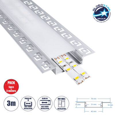 LEDTM® ALP-PLASTERIN GYPSO 70861-3M Χωνευτό Προφίλ Αλουμινίου Ειδικό για Γυψοσανίδα με Λευκό Γαλακτερό Πατητό Κάλυμμα για Ταινίες LED IP20 - Ασημί & Λευκό - Μ300 x Π7.8 x Υ1.4cm - Πακέτο 5 Τεμαχίων
