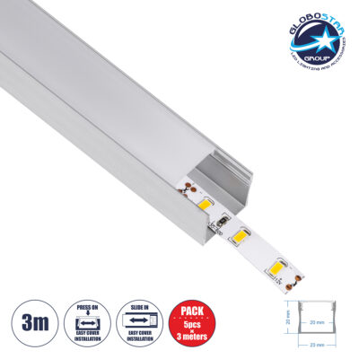 LEDTM® SURFACE-PROFILE 70867-3M Προφίλ Αλουμινίου - Βάση & Ψύκτρα Ταινίας LED με Λευκό Γαλακτερό Κάλυμμα - Επιφανειακή Χρήση - Πατητό Κάλυμμα - Ασημί - 3 Μέτρα - Πακέτο 5 Τεμαχίων - Μ300 x Π2.3 x Υ2cm