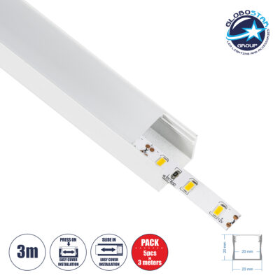 LEDTM® SURFACE-PROFILE 70868-3M Προφίλ Αλουμινίου - Βάση & Ψύκτρα Ταινίας LED με Λευκό Γαλακτερό Κάλυμμα - Επιφανειακή Χρήση - Πατητό Κάλυμμα - Λευκό - 3 Μέτρα - Πακέτο 5 Τεμαχίων - Μ300 x Π2.3 x Υ2cm