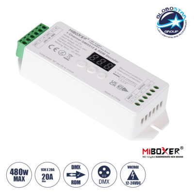 LEDTM® MiBOXER-D1-CX 71424 DC DMX Master Dimmer / Controller / Decoder Υψηλής Ταχύτητας με 1 x 20A 480W Κανάλι DC 12-24V 20A 480W Max IP20 - DMX512 & RDM - Μ13 x Π5 x Υ2.5cm - 5 Χρόνια Εγγύηση