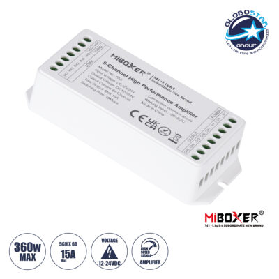 LEDTM® MiBOXER-PA5 71429 DC Ενισχυτής Ισχύος & Σήματος Υψηλής Ταχύτητας με 5 x 6A 144W Κανάλια DC 12-24V 15A 360W Max IP20 - Μ11.4 x Π4.9 x Υ2.8cm - 5 Χρόνια Εγγύηση