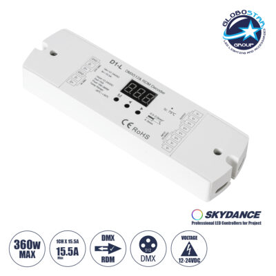 LEDTM® 71446 D1-L SKYDANCE DC DMX & RDM Dimmer High Speed Controller / Decoder 1 Καναλιού DC 12-24V 1 x 15.5A 360W - Max 15.5A 360W - IP20 Μ17 x Π5 x Υ2.5cm - 5 Years Warranty