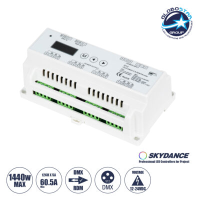 LEDTM® 71449 D12 SKYDANCE DC DMX & RDM Dimmer Din Rail Ράγας High Speed Controller / Decoder / Master 12 Καναλιών DC 12-24V 12 x 5A 120W - Max 60.5A 1440W - IP20 Μ15.5 x Π9 x Υ6cm - 5 Years Warranty