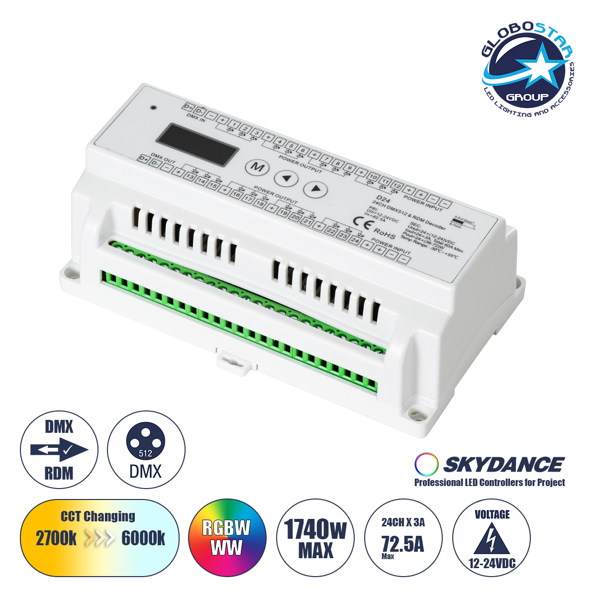 LEDTM® SKYDANCE-D24 71450 DC DMX Master Dimmer / Controller / Decoder Υψηλής Ταχύτητας με 24 x 3A 72W Κανάλια DC 12-24V 60A 1440W Max IP20 - DMX512 & RDM - Μ16 x Π9 x Υ6cm - 5 Χρόνια Εγγύηση
